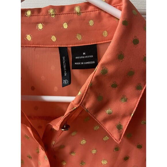 New Directions Blouse Button Roll Tab Sleeve Womens Med Orange Gold Dot Pockets - Picture 3 of 6